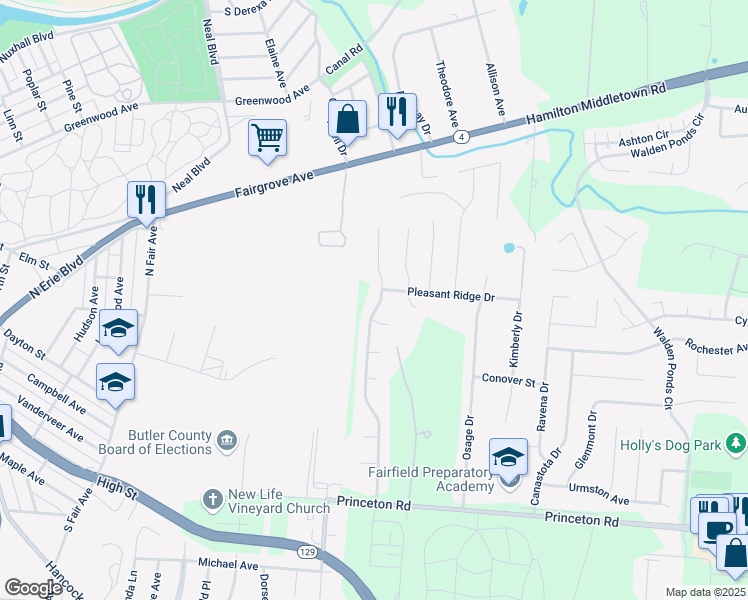 map of restaurants, bars, coffee shops, grocery stores, and more near 6253 Zoellners Place in Hamilton
