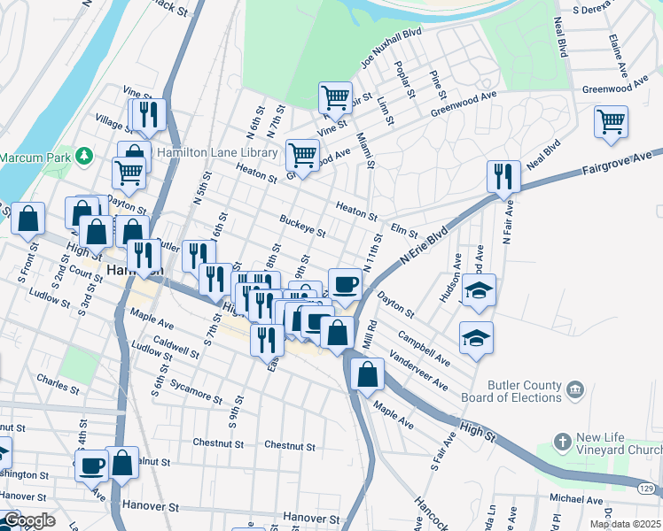 map of restaurants, bars, coffee shops, grocery stores, and more near 938 Dayton Street in Hamilton