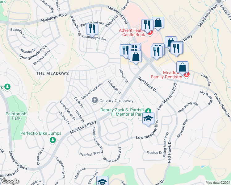 map of restaurants, bars, coffee shops, grocery stores, and more near 2511 Tonga Drive in Castle Rock
