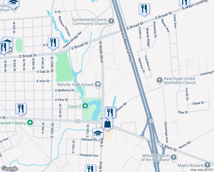 map of restaurants, bars, coffee shops, grocery stores, and more near 473 North Wade Boulevard in Millville