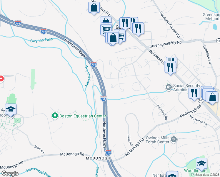 map of restaurants, bars, coffee shops, grocery stores, and more near 35 Wellspring Circle in Owings Mills