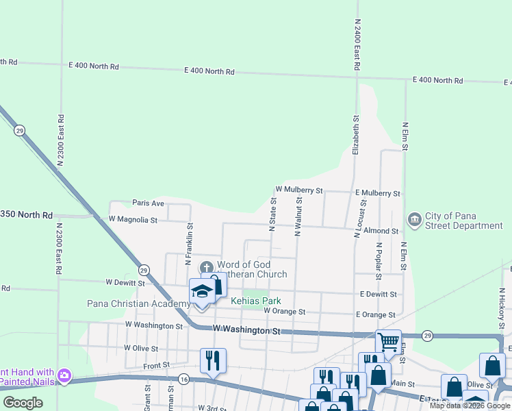 map of restaurants, bars, coffee shops, grocery stores, and more near 209 Magnolia Avenue in Pana