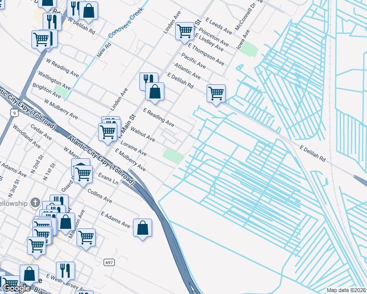 map of restaurants, bars, coffee shops, grocery stores, and more near 710 Clearview Avenue in Pleasantville