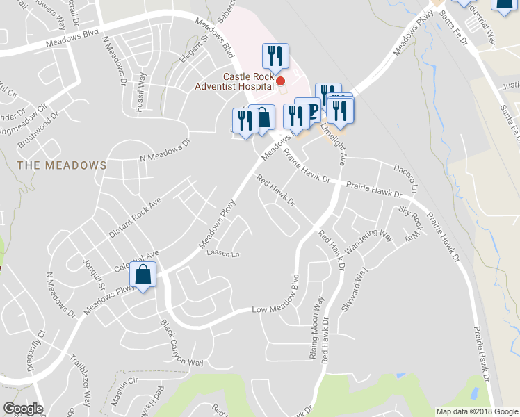 map of restaurants, bars, coffee shops, grocery stores, and more near 3653 New Haven Circle in Castle Rock