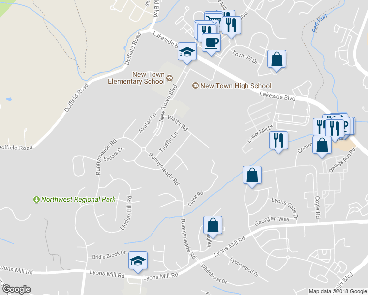 map of restaurants, bars, coffee shops, grocery stores, and more near 4721 Dark Star Way in Owings Mills