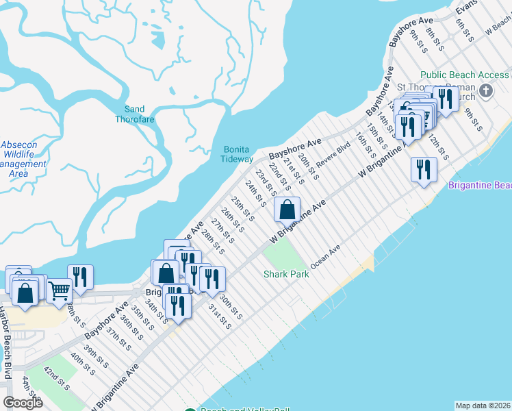 map of restaurants, bars, coffee shops, grocery stores, and more near 2405 Revere Boulevard in Brigantine