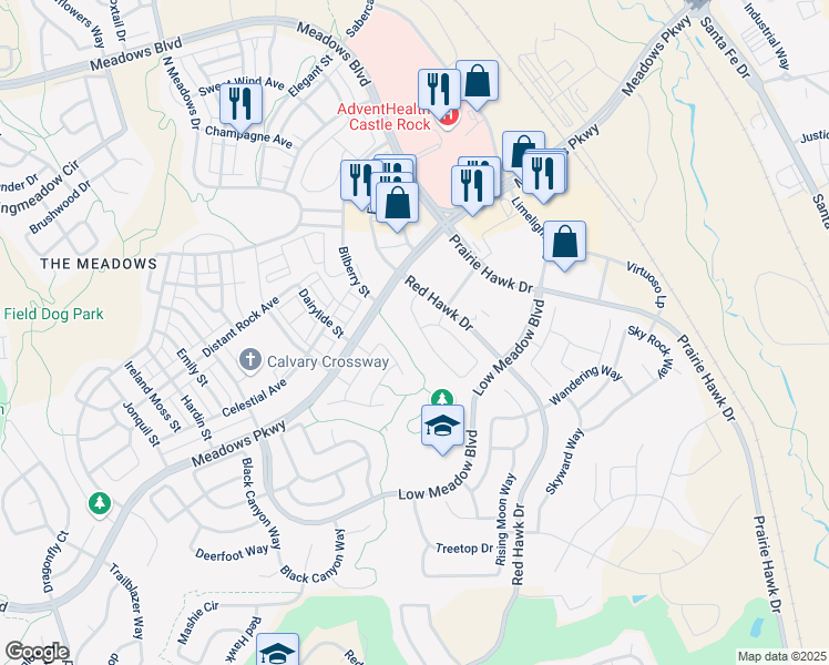 map of restaurants, bars, coffee shops, grocery stores, and more near 3653 New Haven Circle in Castle Rock