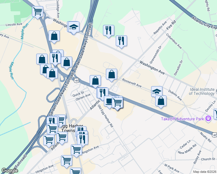 map of restaurants, bars, coffee shops, grocery stores, and more near 6752 East Black Horse Pike in Egg Harbor Township