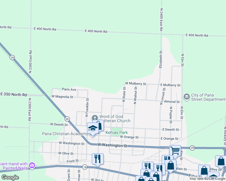 map of restaurants, bars, coffee shops, grocery stores, and more near 209 Magnolia Avenue in Pana