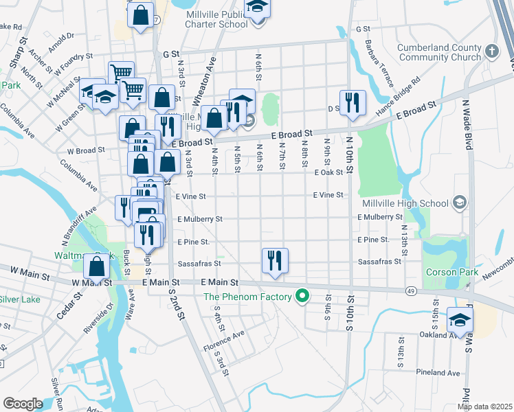 map of restaurants, bars, coffee shops, grocery stores, and more near 320 North 6th Street in Millville
