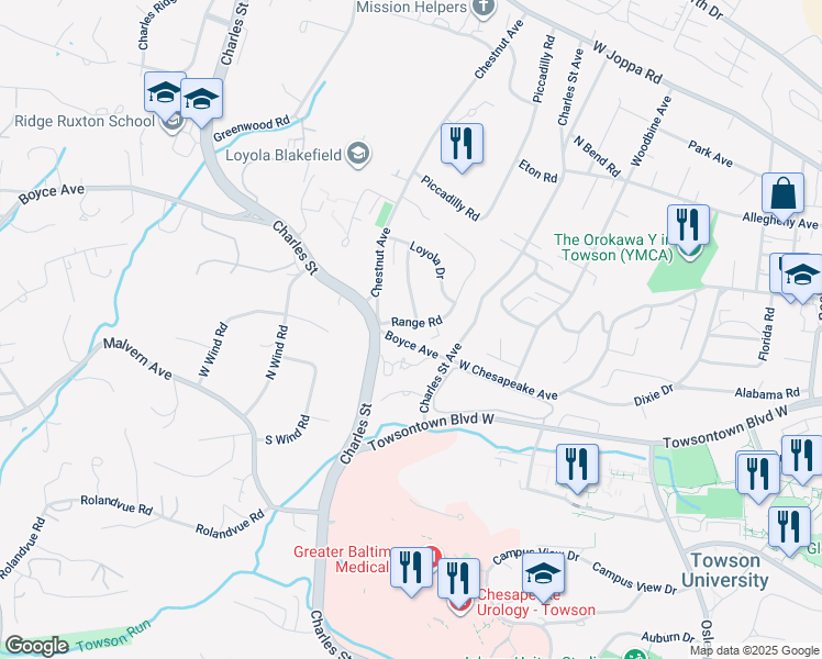 map of restaurants, bars, coffee shops, grocery stores, and more near 409 Range Road in Towson