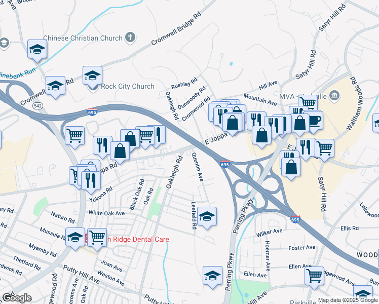 map of restaurants, bars, coffee shops, grocery stores, and more near 1807 East Joppa Road in Parkville