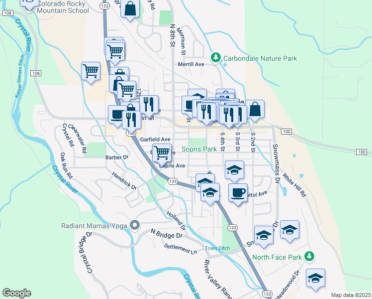 map of restaurants, bars, coffee shops, grocery stores, and more near 703 Euclid Avenue in Carbondale