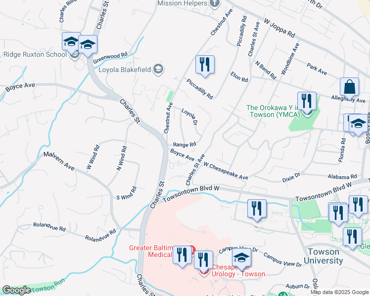 map of restaurants, bars, coffee shops, grocery stores, and more near 409 Range Road in Towson