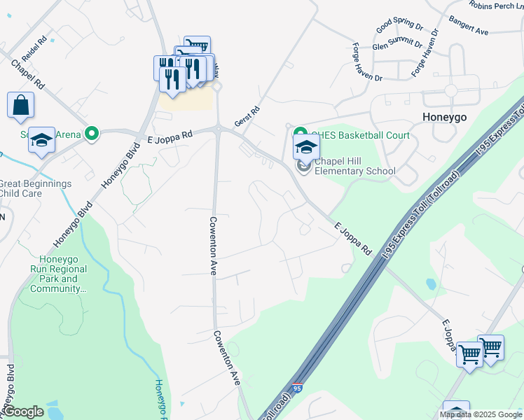 map of restaurants, bars, coffee shops, grocery stores, and more near 5113 Scenic Drive in Perry Hall