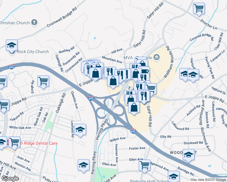 map of restaurants, bars, coffee shops, grocery stores, and more near 1925 East Joppa Road in Parkville
