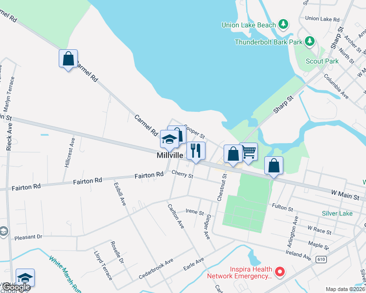 map of restaurants, bars, coffee shops, grocery stores, and more near 10 North Spruce Street in Millville