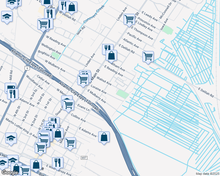 map of restaurants, bars, coffee shops, grocery stores, and more near 111 Walnut Avenue in Pleasantville