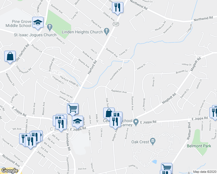 map of restaurants, bars, coffee shops, grocery stores, and more near 9701 Oak Summit Avenue in Baltimore