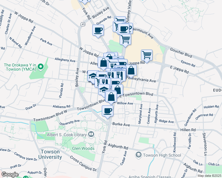 map of restaurants, bars, coffee shops, grocery stores, and more near 10 West Susquehanna Avenue in Towson