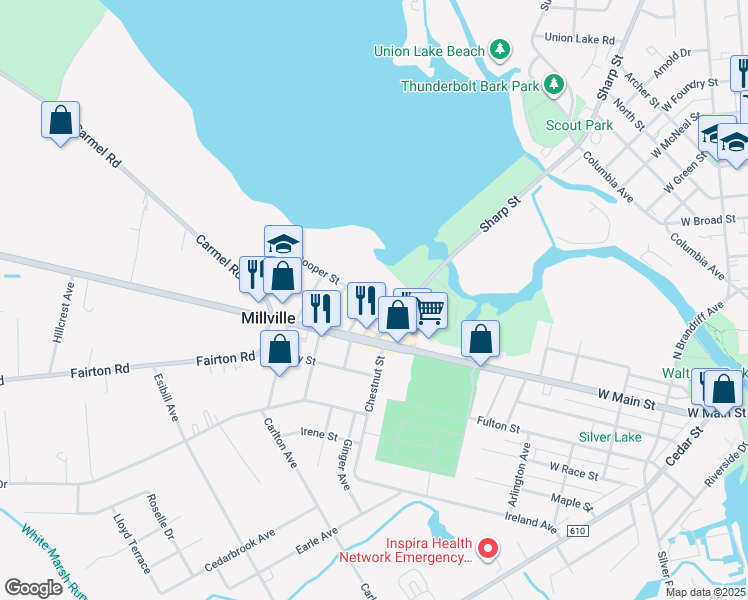 map of restaurants, bars, coffee shops, grocery stores, and more near 708 Cooper Street in Millville