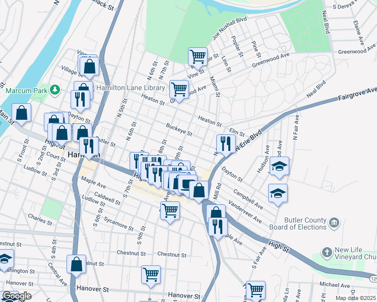 map of restaurants, bars, coffee shops, grocery stores, and more near 901 Dayton Street in Hamilton