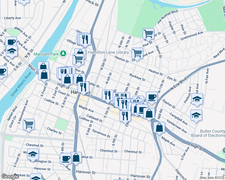 map of restaurants, bars, coffee shops, grocery stores, and more near 110 North 7th Street in Hamilton