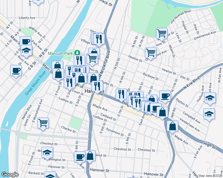 map of restaurants, bars, coffee shops, grocery stores, and more near 29 Center Street in Hamilton