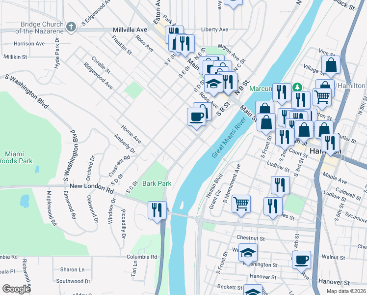 map of restaurants, bars, coffee shops, grocery stores, and more near 365 South B Street in Hamilton