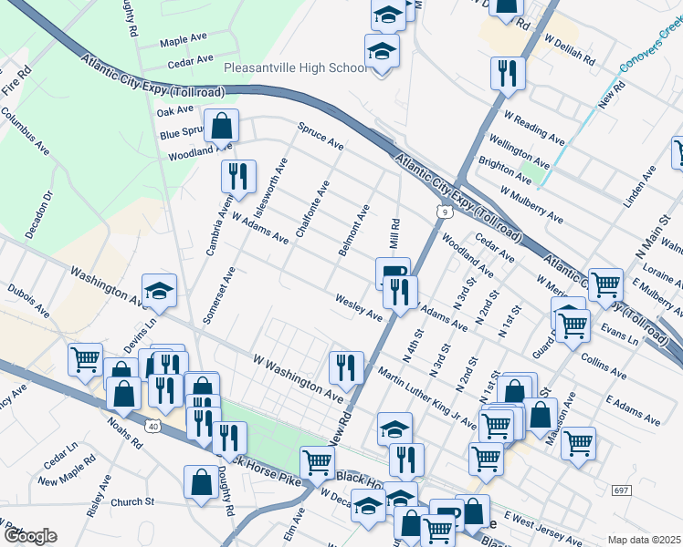 map of restaurants, bars, coffee shops, grocery stores, and more near 625 West Adams Avenue in Pleasantville