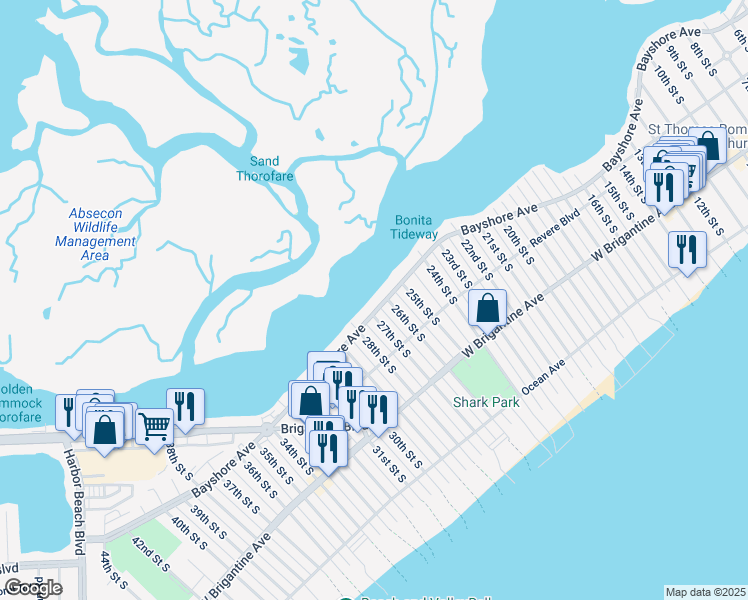 map of restaurants, bars, coffee shops, grocery stores, and more near 2601 Bayshore Avenue in Brigantine