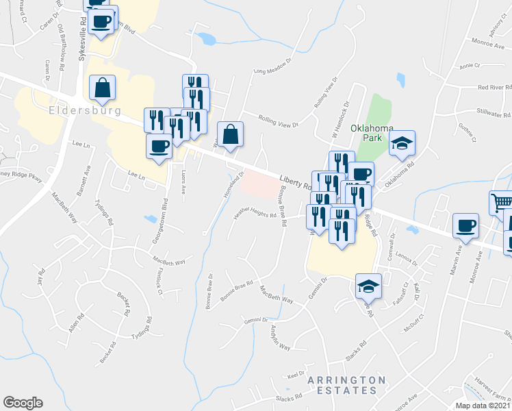 map of restaurants, bars, coffee shops, grocery stores, and more near 1622 Heather Heights Road in Eldersburg