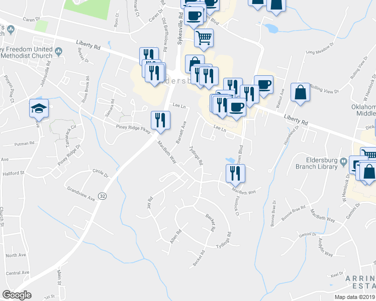 map of restaurants, bars, coffee shops, grocery stores, and more near 6460 Tydings Road in Eldersburg