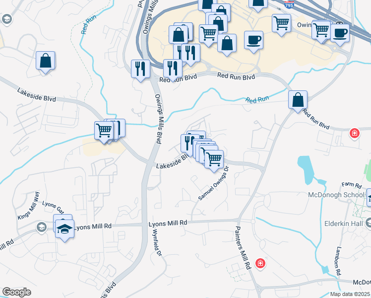 map of restaurants, bars, coffee shops, grocery stores, and more near 9204 Appleford Circle in Owings Mills