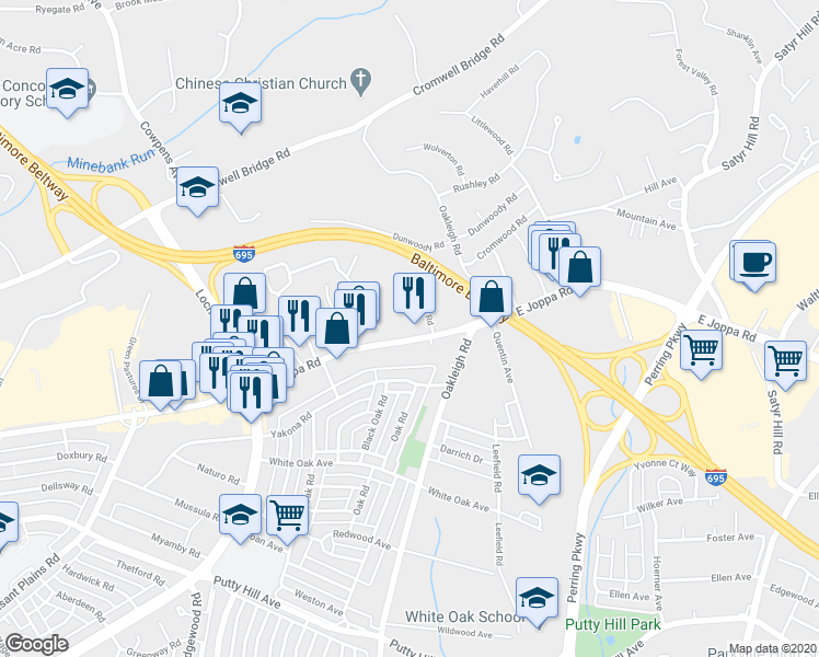map of restaurants, bars, coffee shops, grocery stores, and more near 1756 E Joppa Rd in Parkville
