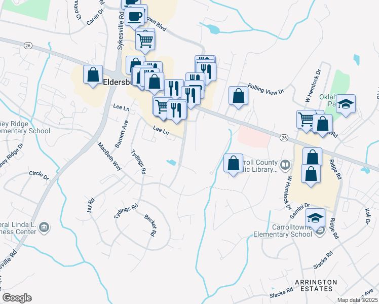 map of restaurants, bars, coffee shops, grocery stores, and more near 6311 Georgetown Boulevard in Eldersburg