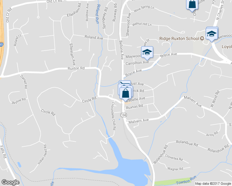 map of restaurants, bars, coffee shops, grocery stores, and more near 7 Ruxlea Court in Towson