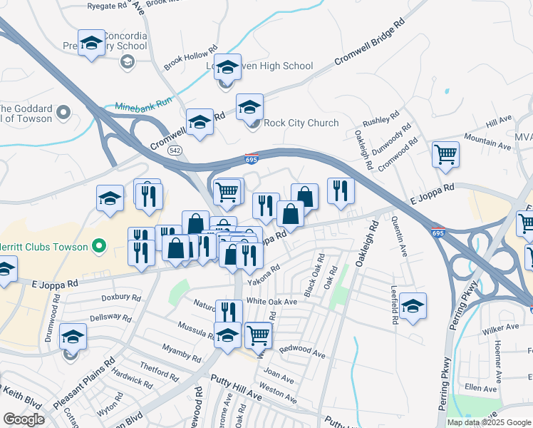 map of restaurants, bars, coffee shops, grocery stores, and more near 8712 Lackawanna Avenue in Parkville