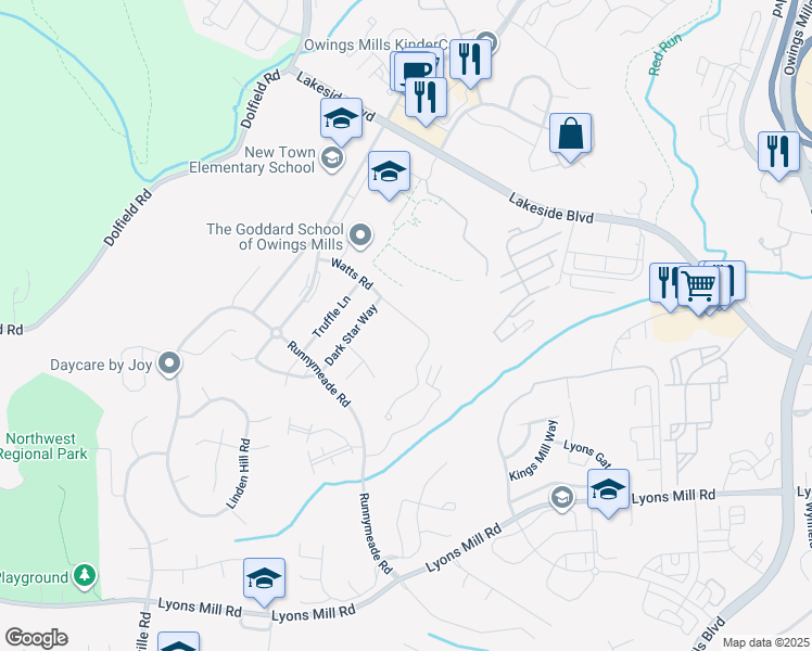 map of restaurants, bars, coffee shops, grocery stores, and more near 9609 Watts Road in Owings Mills