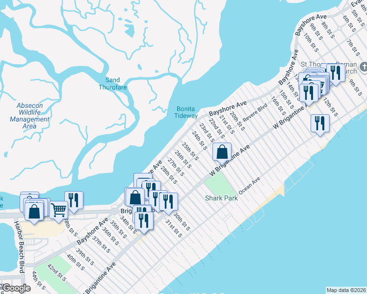 map of restaurants, bars, coffee shops, grocery stores, and more near 102 25th Street South in Brigantine