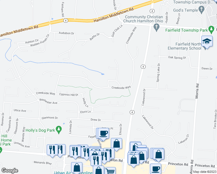 map of restaurants, bars, coffee shops, grocery stores, and more near 3143 Shadow Creek Way in Hamilton