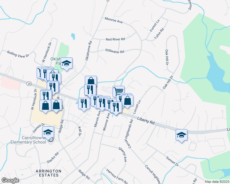 map of restaurants, bars, coffee shops, grocery stores, and more near 6375 Monroe Avenue in Sykesville