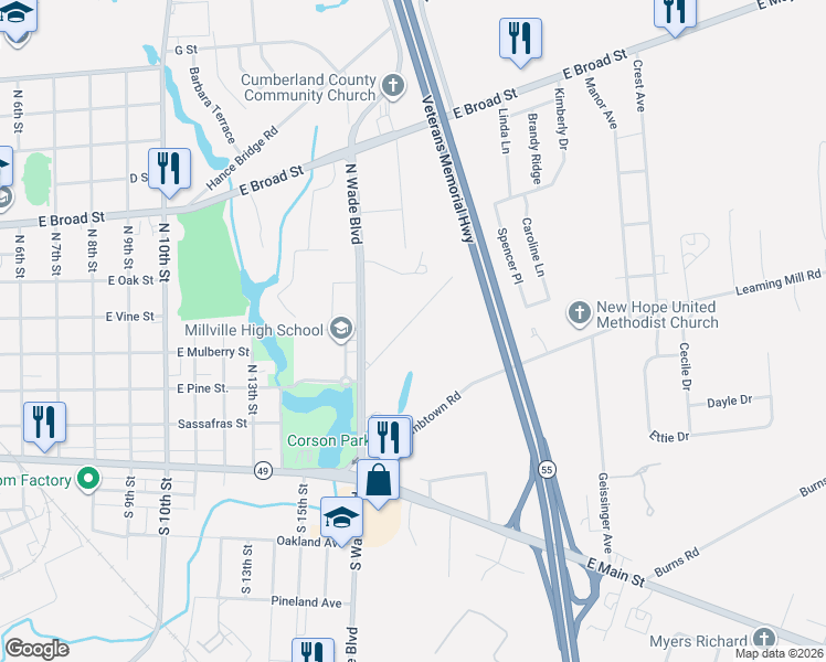 map of restaurants, bars, coffee shops, grocery stores, and more near 301 North Wade Boulevard in Millville