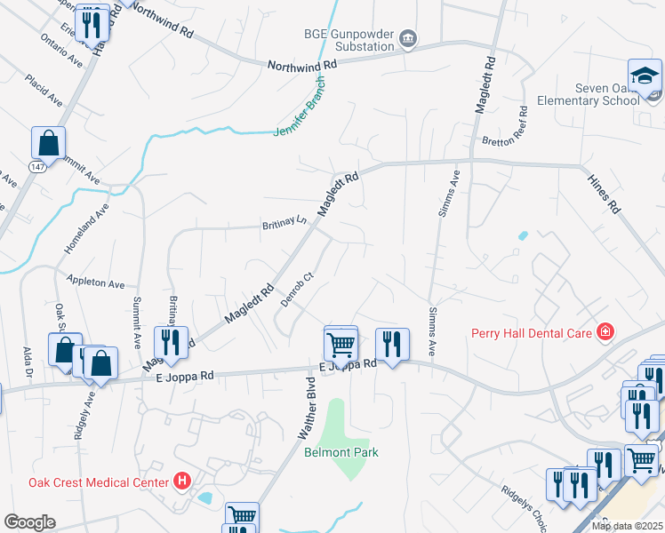 map of restaurants, bars, coffee shops, grocery stores, and more near 9750 Deltom Court in Parkville
