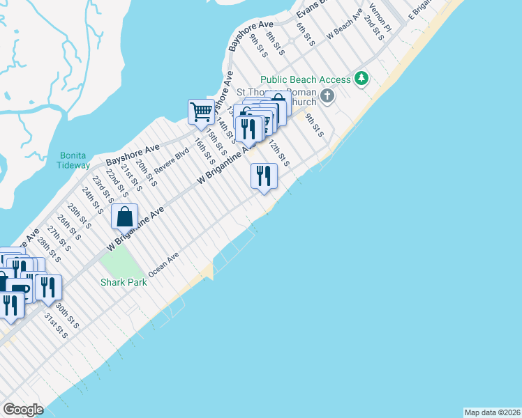 map of restaurants, bars, coffee shops, grocery stores, and more near 402 15th Street South in Brigantine