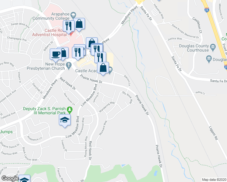 map of restaurants, bars, coffee shops, grocery stores, and more near 3549 Sawbuck Place in Castle Rock
