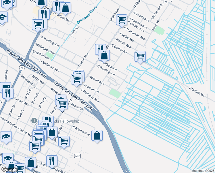 map of restaurants, bars, coffee shops, grocery stores, and more near 111 Walnut Avenue in Pleasantville