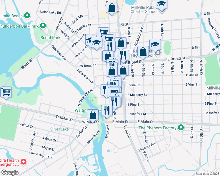 map of restaurants, bars, coffee shops, grocery stores, and more near 25 East Vine Street in Millville