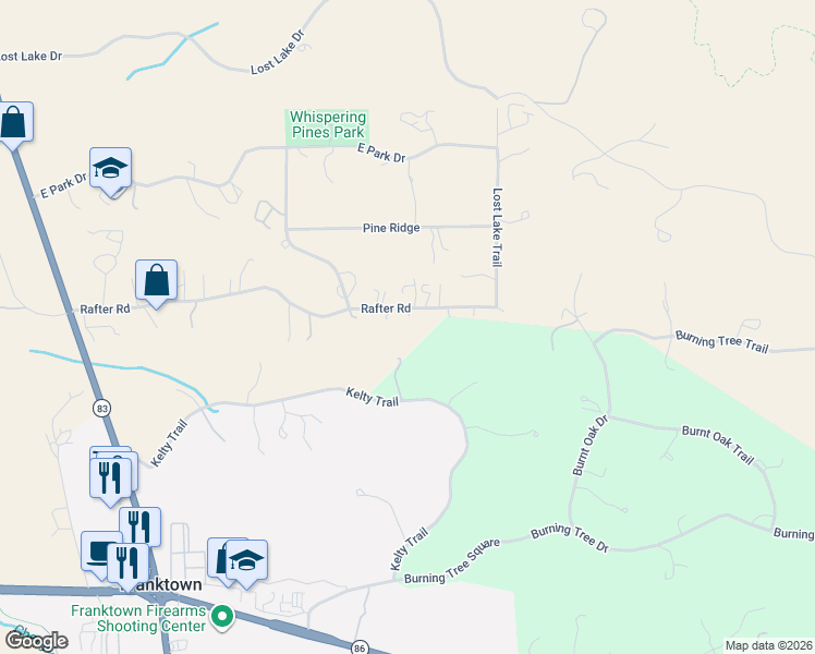 map of restaurants, bars, coffee shops, grocery stores, and more near 7678 Rafter Road in Franktown