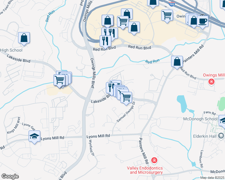 map of restaurants, bars, coffee shops, grocery stores, and more near 9200 Appleford Circle in Owings Mills